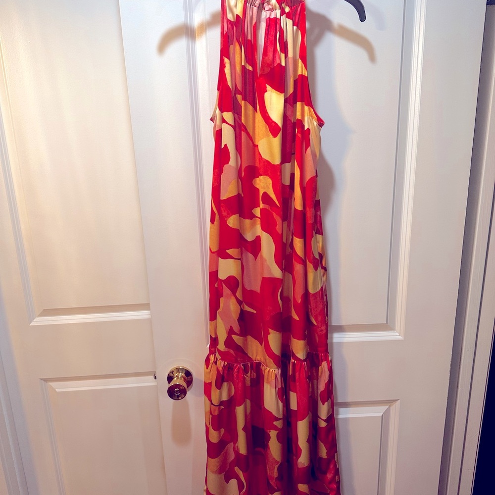 Ming Wang Abstract Print Crepe De Chine Medium Halter Maxi Sundress NWT $270